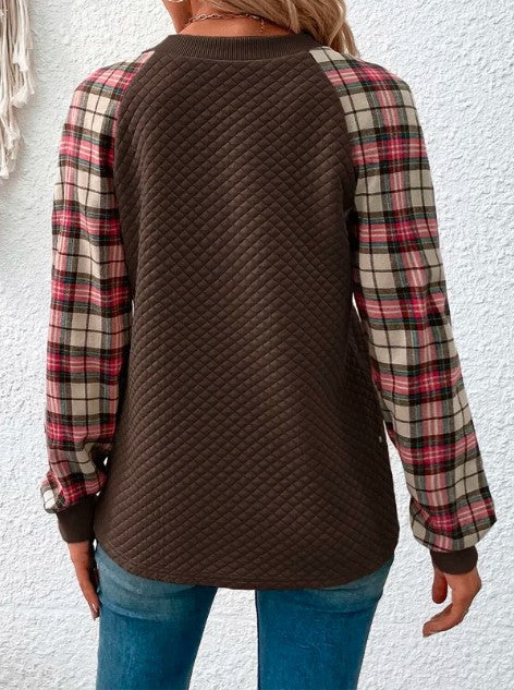 Waffle Paneled Plaid Sweatshirt