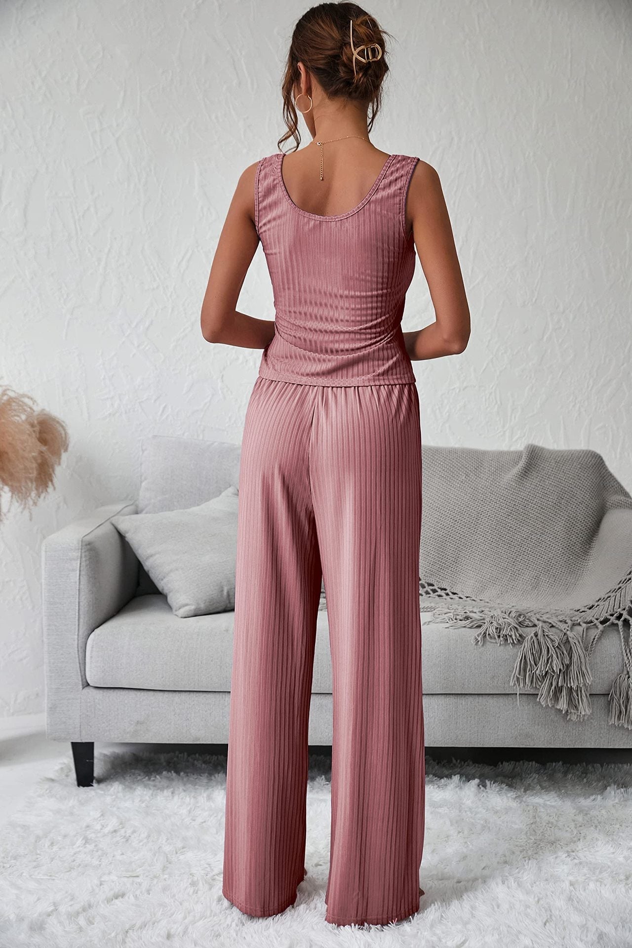 V-neck Solid Color Sleeveless Top + Trousers