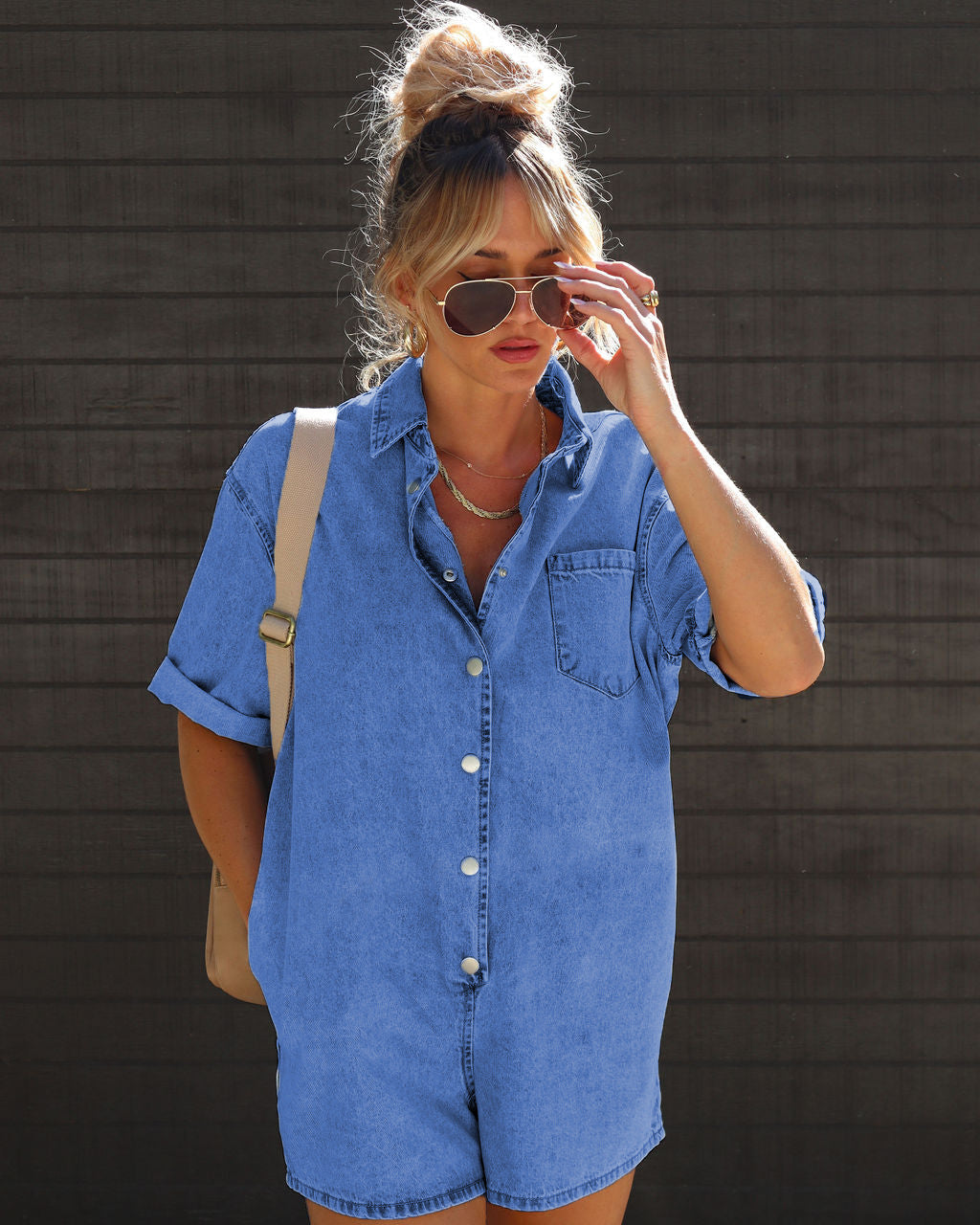 Lapel Short Sleeve Denim Jumpsuit