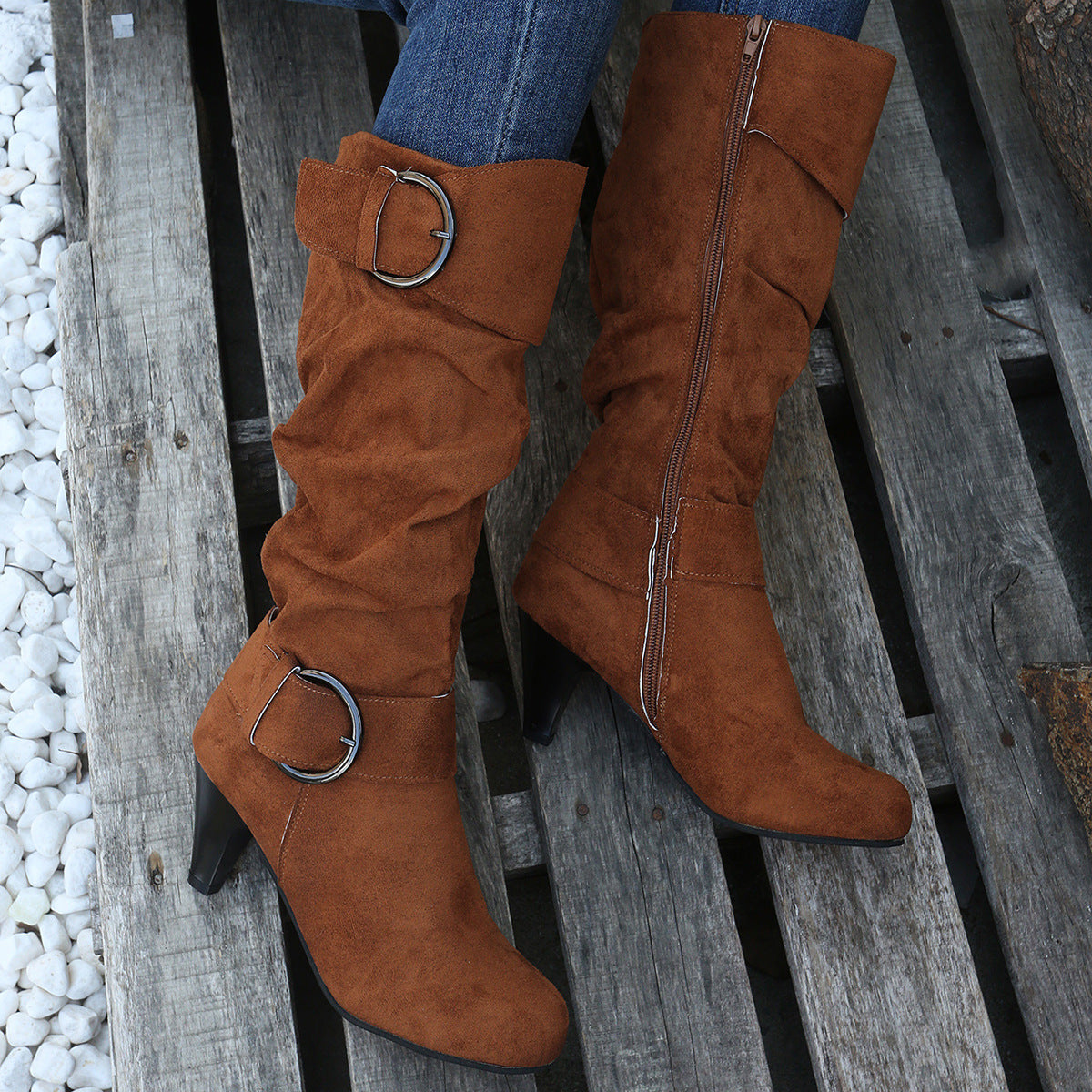 Pointed Toe Buckle Decor Zipper Heeled Boots