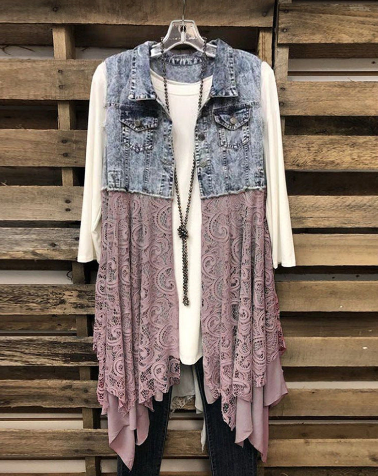 Lace Panel Denim Vest