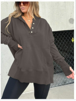 Buttoned V-neck Hooded Top