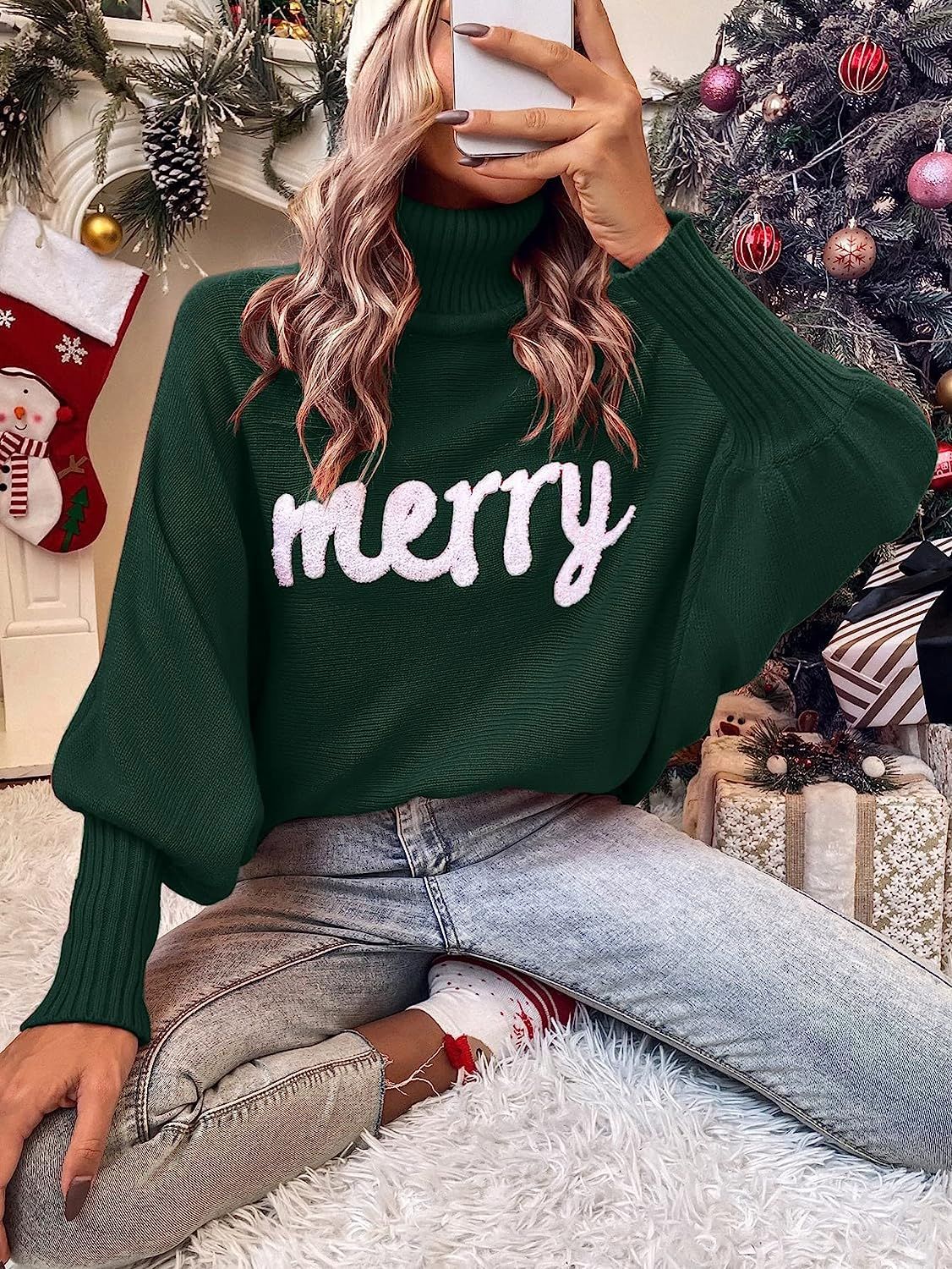 Turtle Neck Batwing Sleeve Merry Christmas Sweater