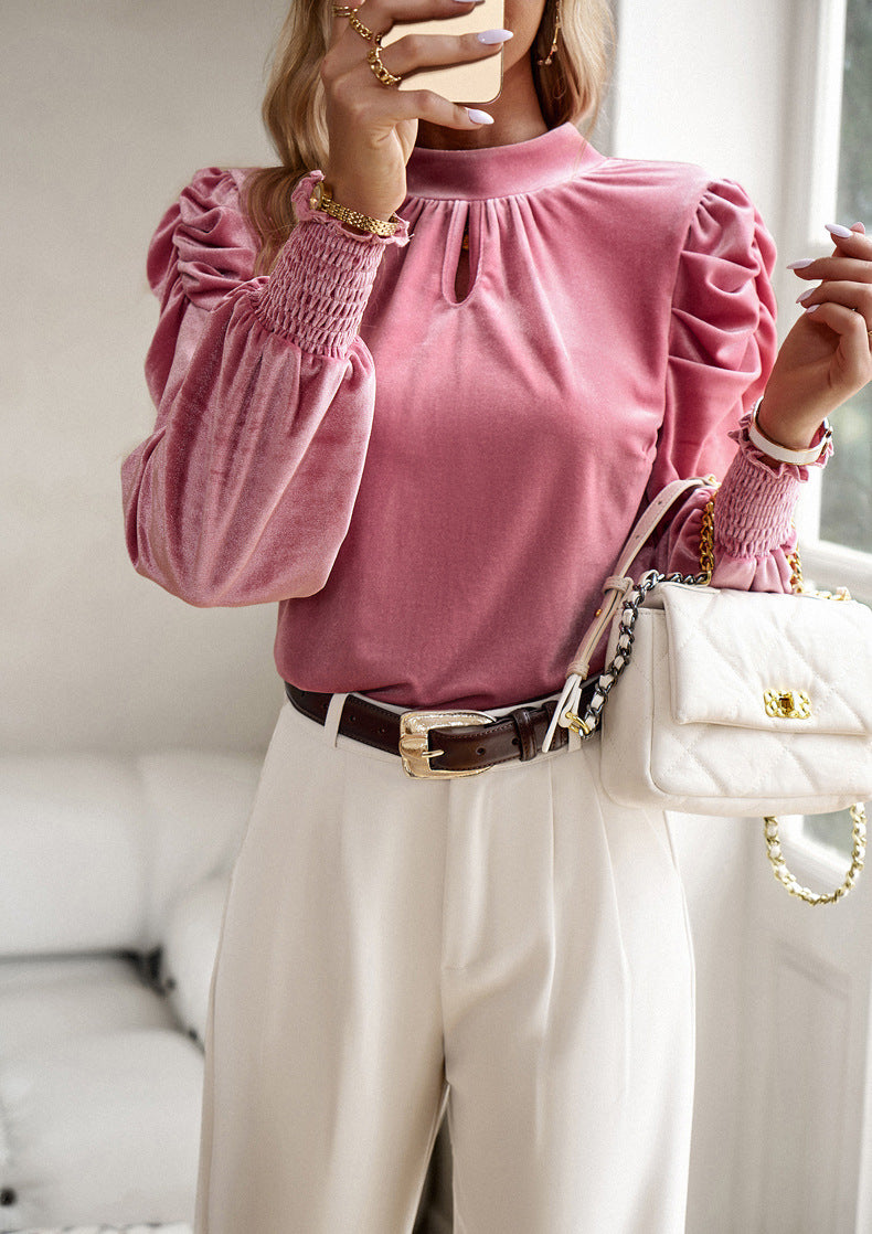 Mock Neck Puff Sleeve Velvet Blouse