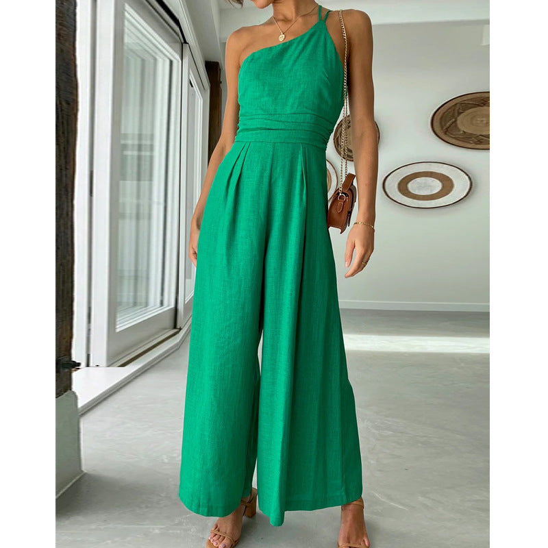 Asymmetric Thin Straps One-shoulder Wide Leg Jumpsuit