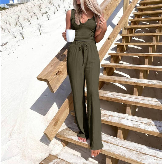 V-neck Solid Color Sleeveless Top + Trousers