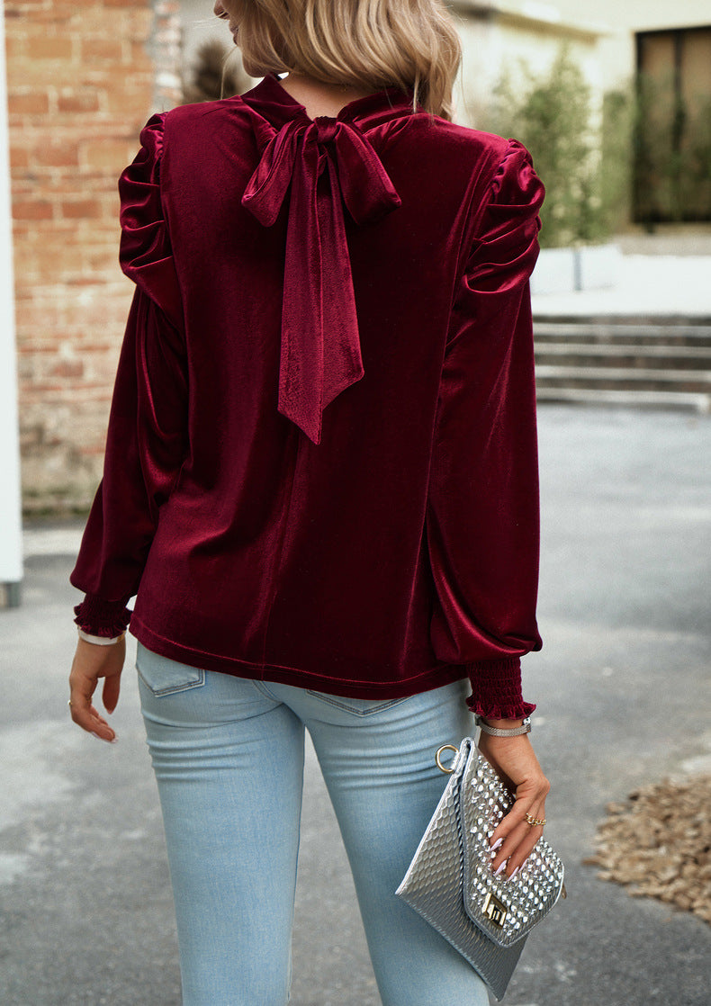 Mock Neck Puff Sleeve Velvet Blouse