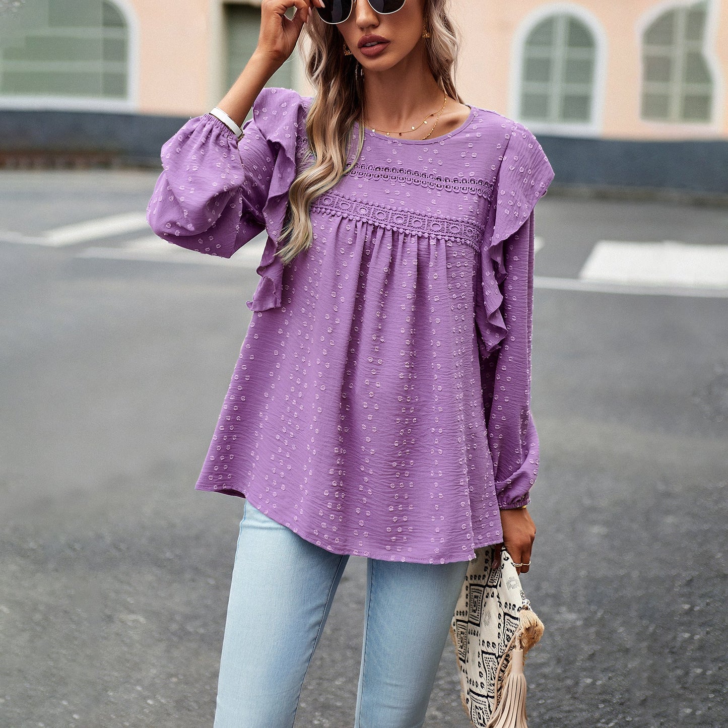 Lace Eyelet Ruffle Shoulder Long Sleeve Blouse