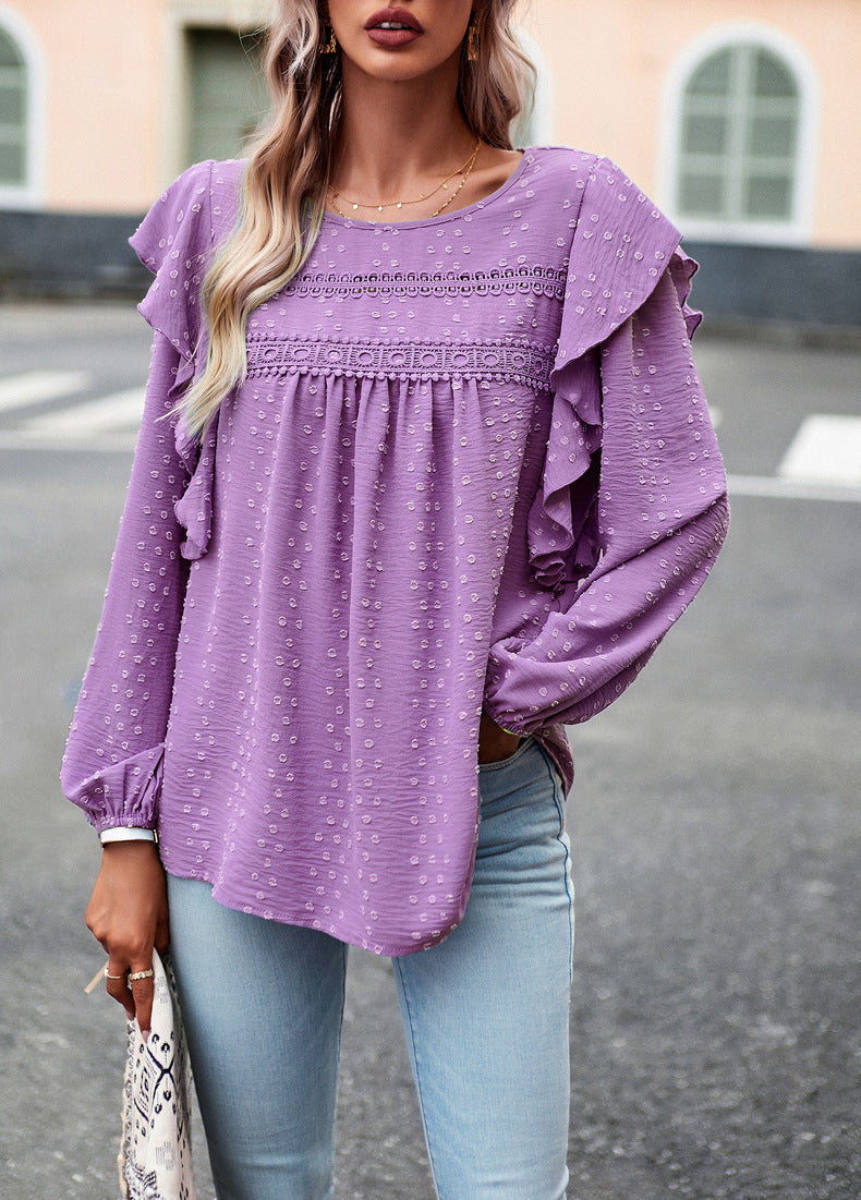 Lace Eyelet Ruffle Shoulder Long Sleeve Blouse