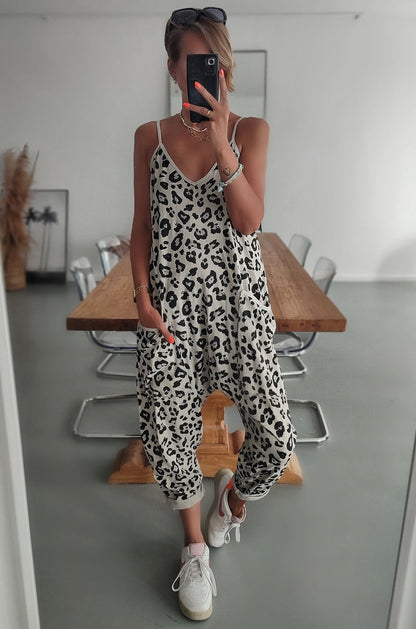 Leopard Print Loose Suspenders Jumpsuit