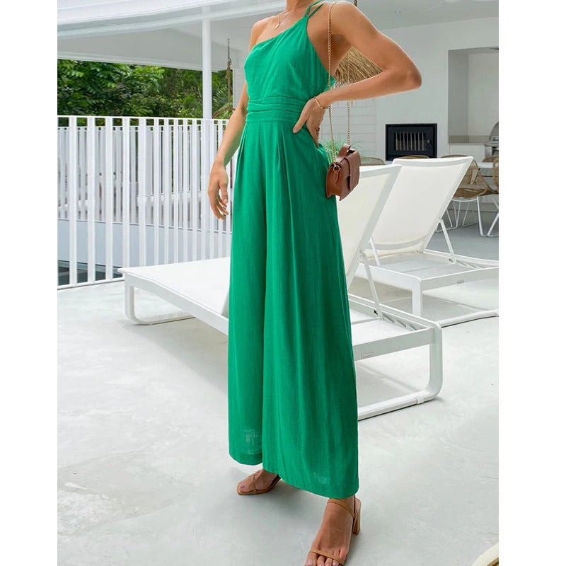 Asymmetric Thin Straps One-shoulder Wide Leg Jumpsuit