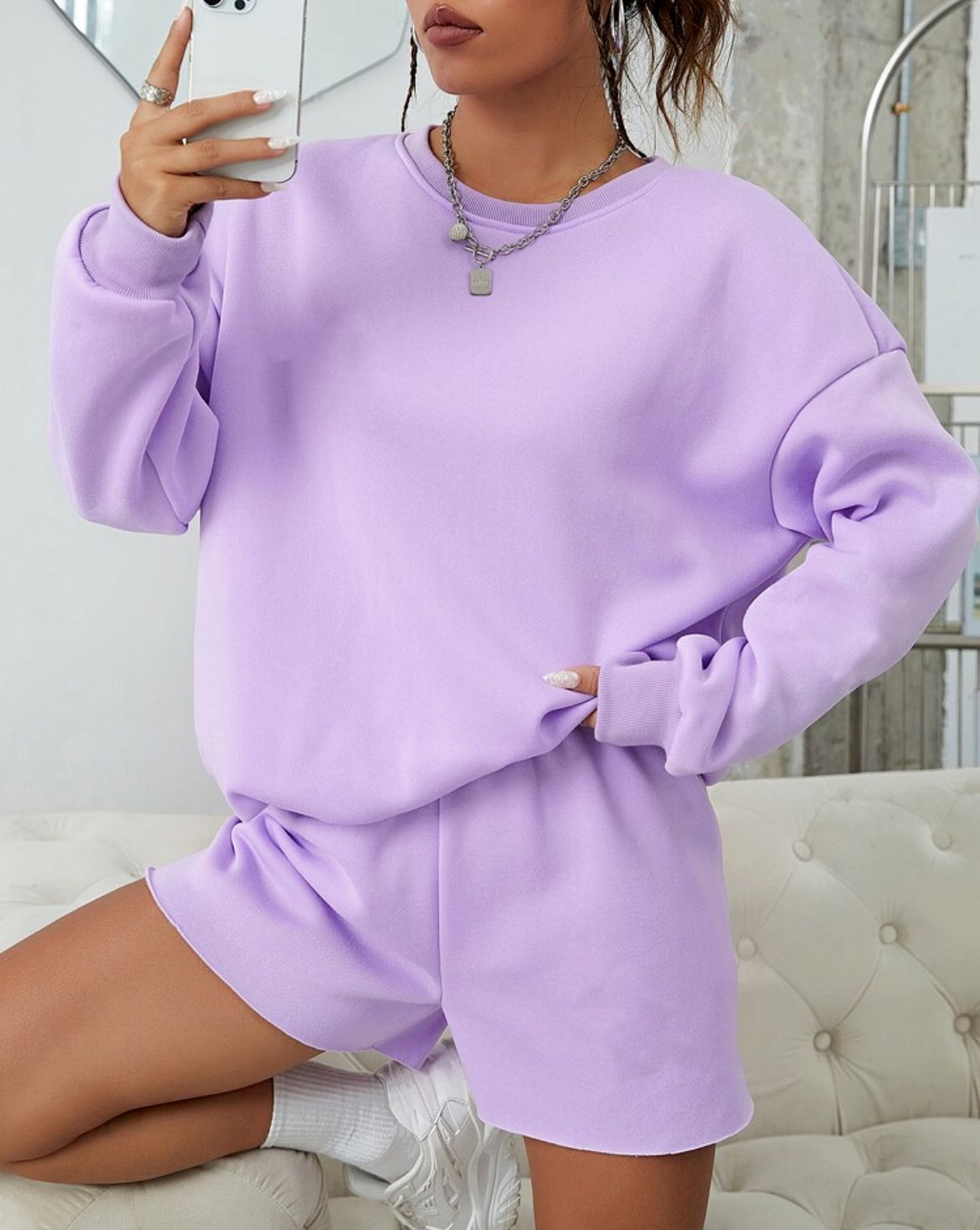 Solid Color Crew Neck Sweatshirt + Shorts Set