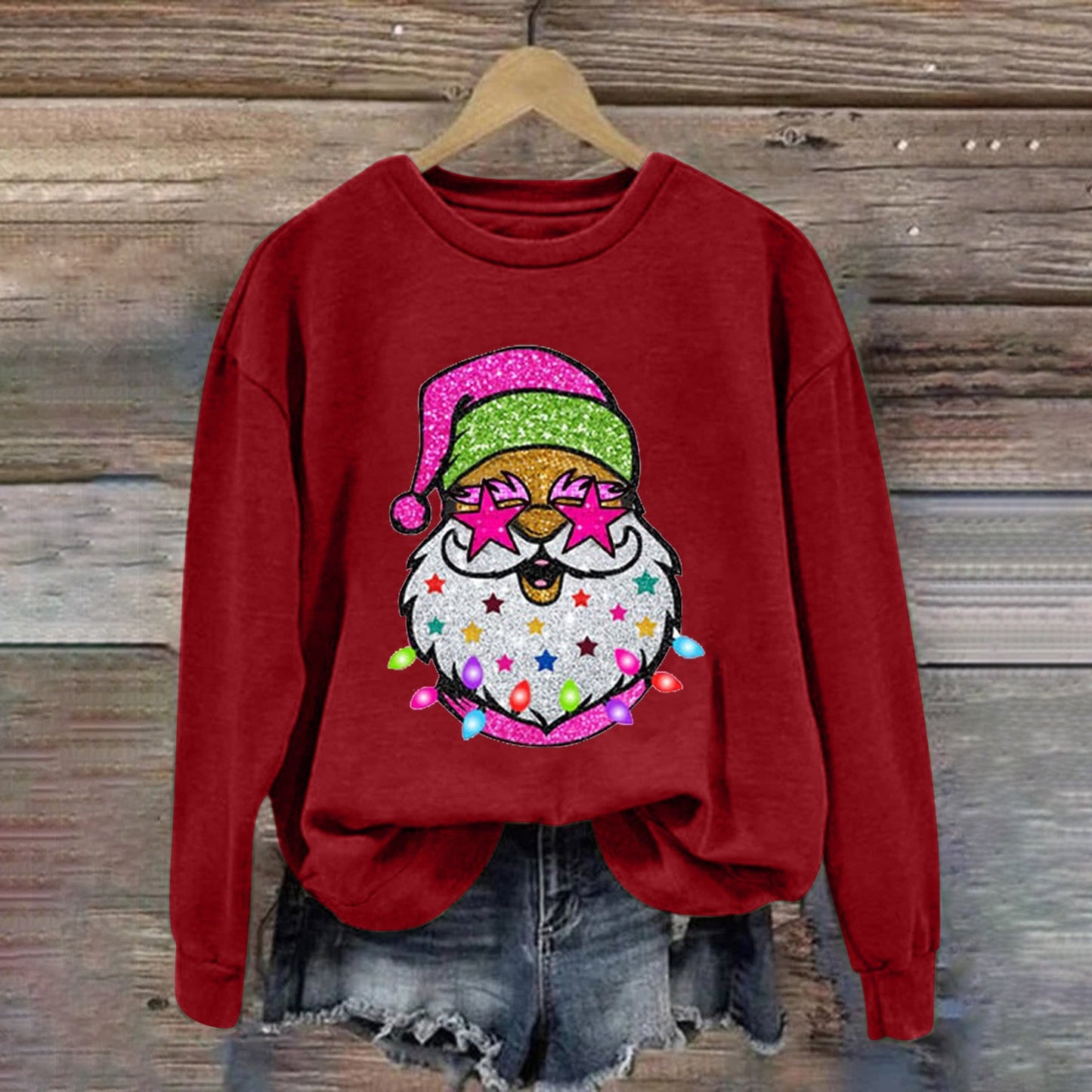 Santa Print Crew Neck Top