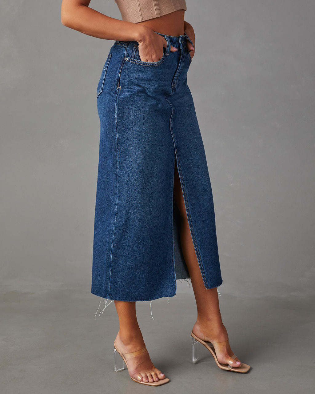 High Waist Mid Length Split Denim Skirt