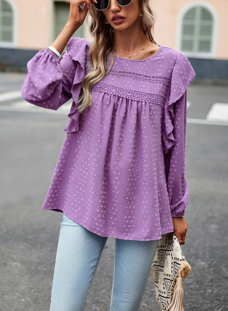 Lace Eyelet Ruffle Shoulder Long Sleeve Blouse