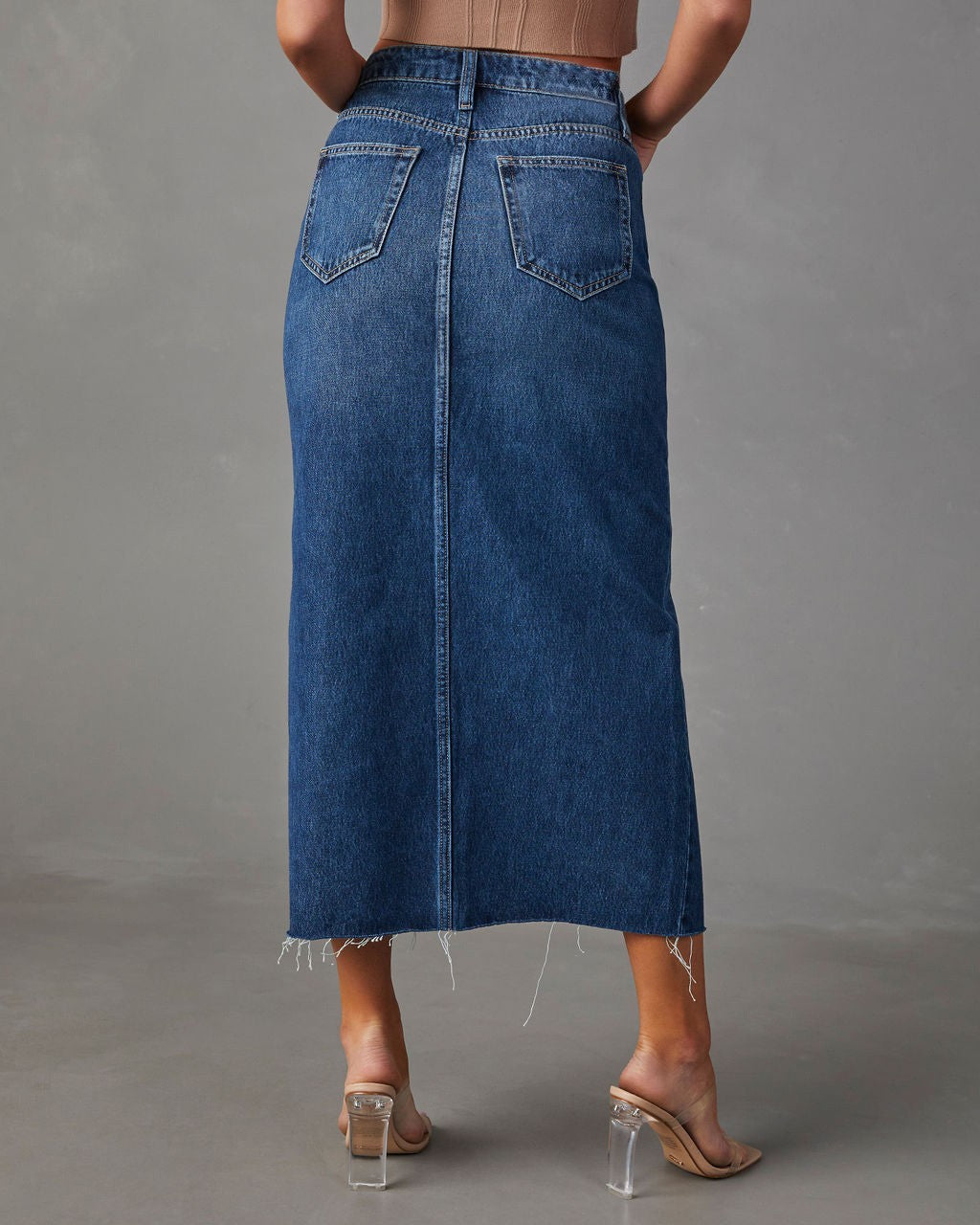 High Waist Mid Length Split Denim Skirt