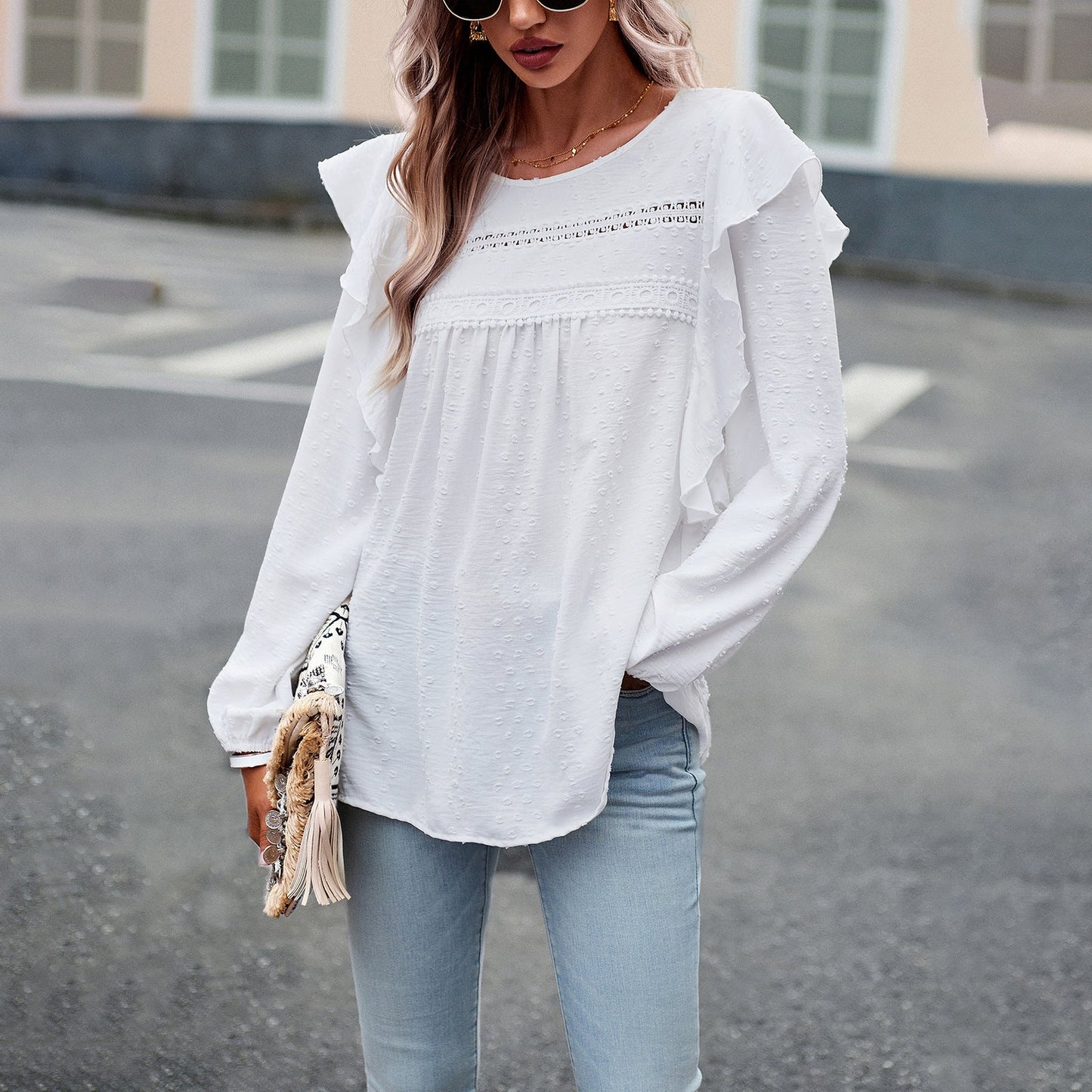 Lace Eyelet Ruffle Shoulder Long Sleeve Blouse