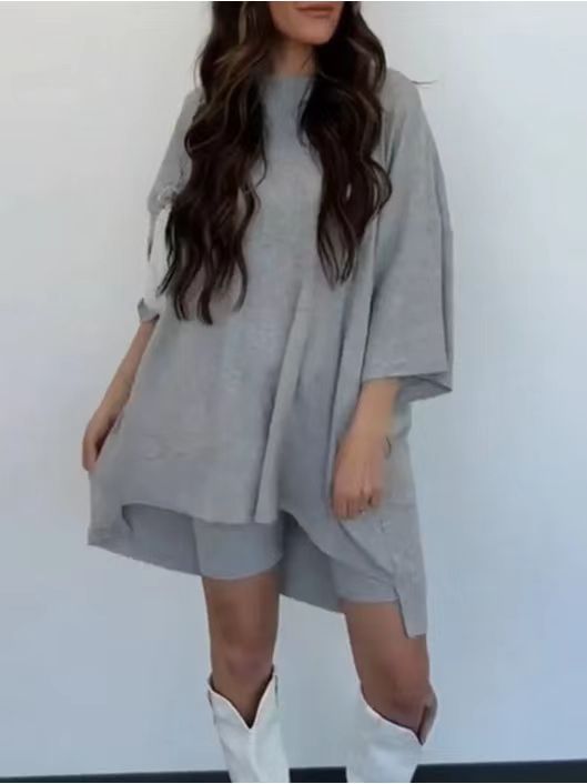 Casual Solid Color Loose T-shirt + Tight Shorts Set