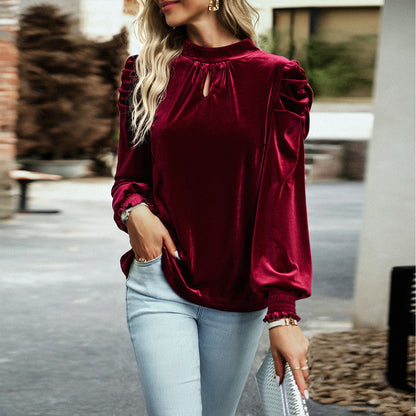 Mock Neck Puff Sleeve Velvet Blouse