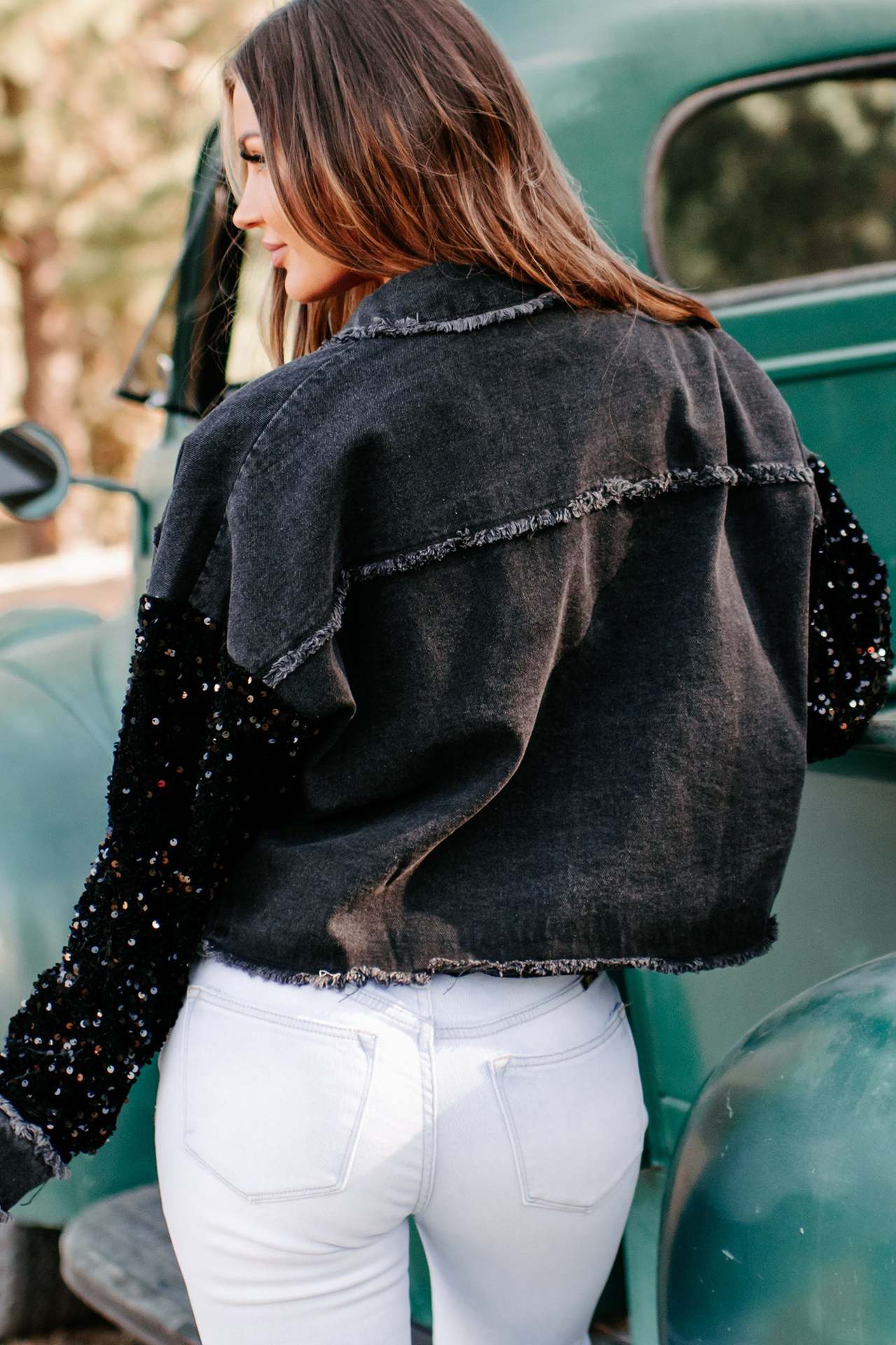 Sequin Sleeve Pocketed Raw Hem Denim Jacket