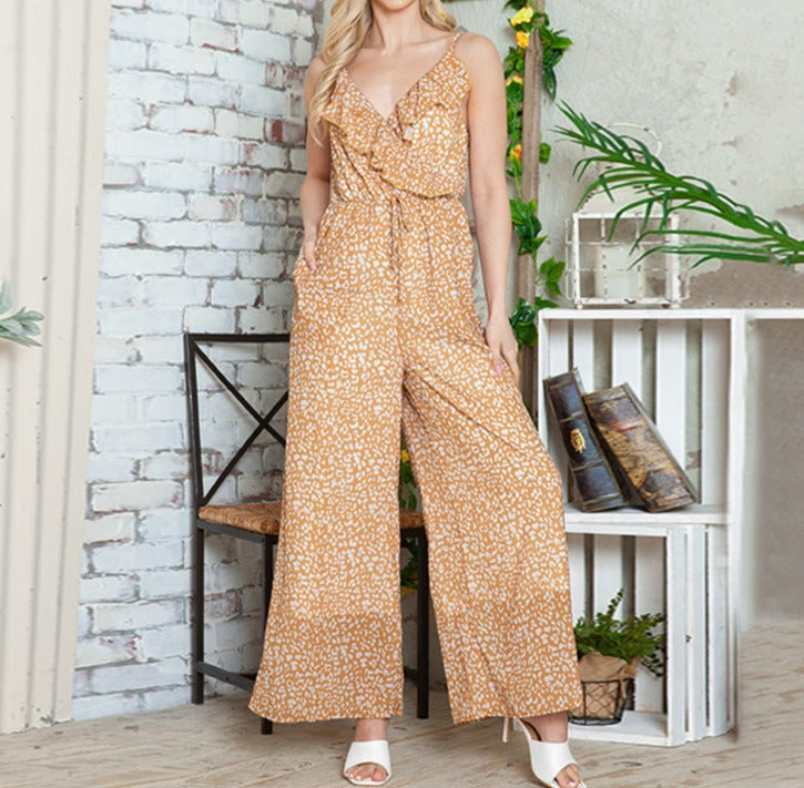 Leopard Print Ruffled V Neck Jumpsuit