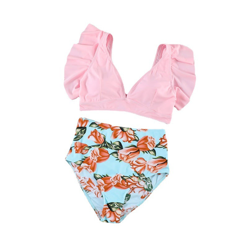 Floral Ruffled Hem High Waist Bikini Set