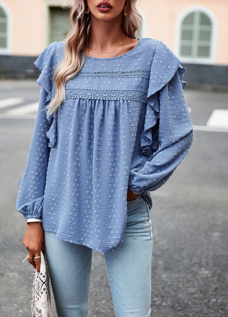 Lace Eyelet Ruffle Shoulder Long Sleeve Blouse