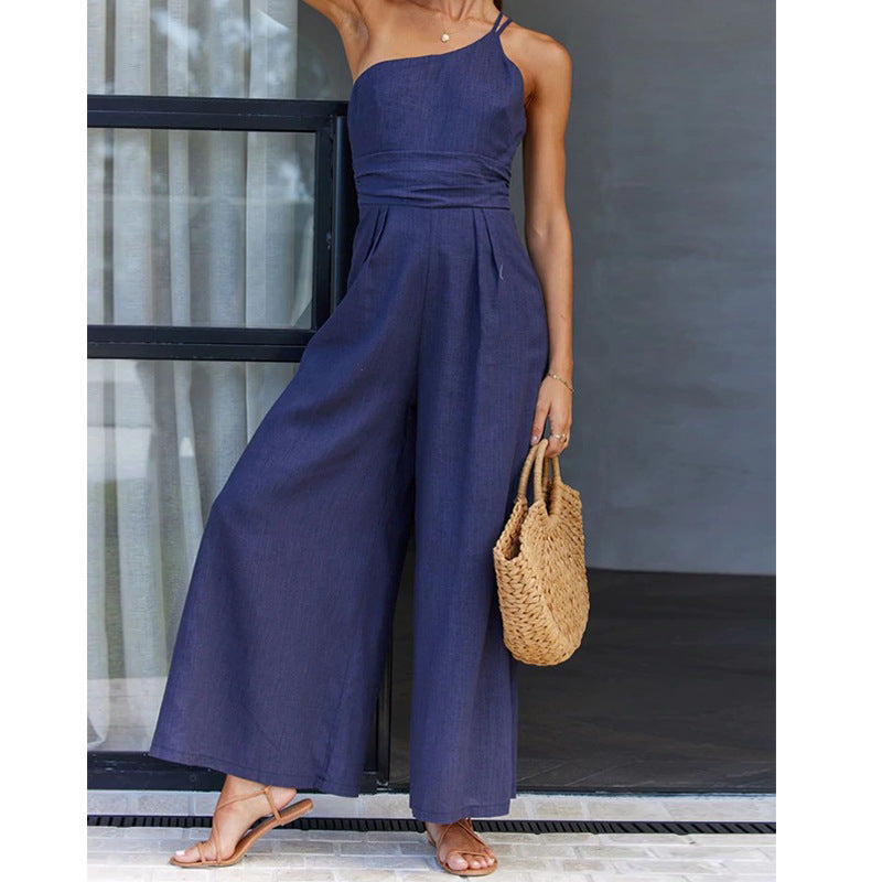 Asymmetric Thin Straps One-shoulder Wide Leg Jumpsuit