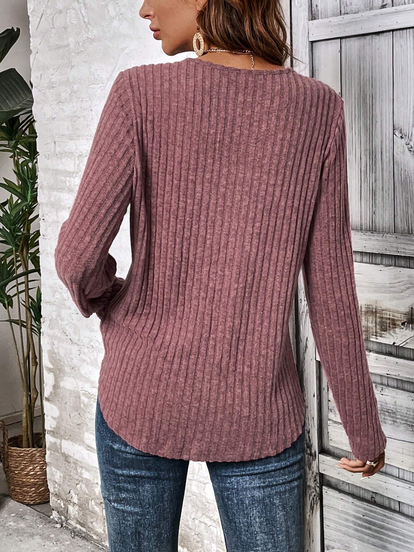 Ribbed Brushed Lace Long-sleeve Top