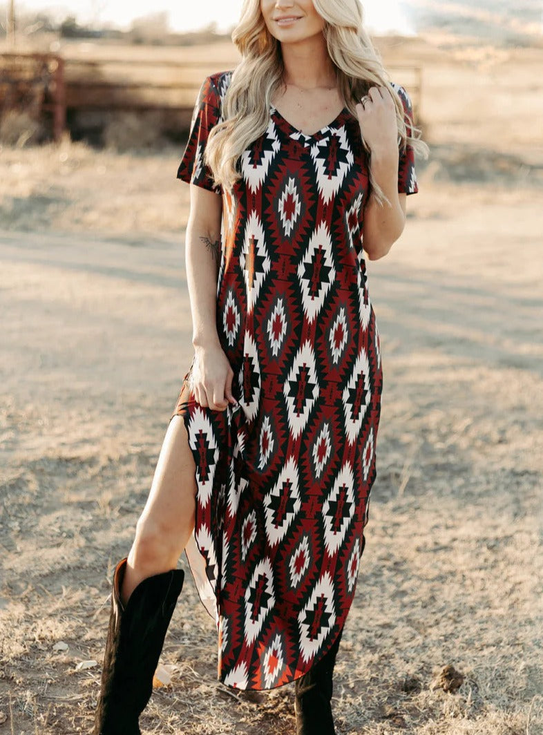 Western Geometric Pattern Maxi Dress