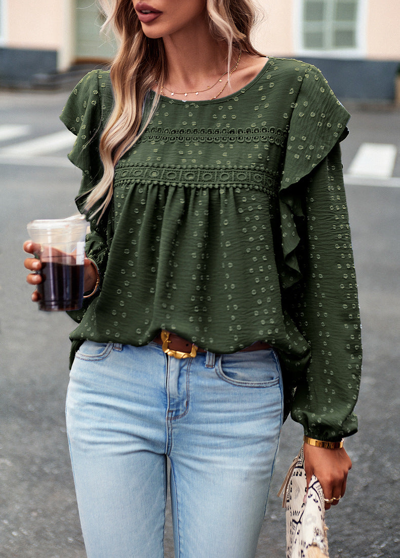 Lace Eyelet Ruffle Shoulder Long Sleeve Blouse