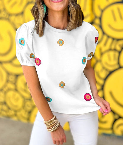 Embroidered Flower Puff Sleeve Tee