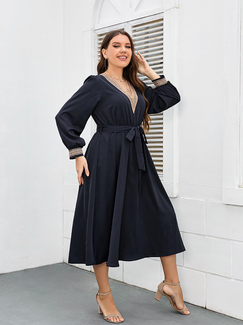 Plus Size V Neck Tie Waist Dress