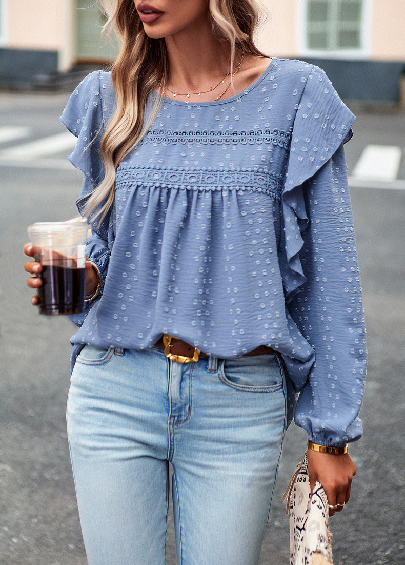 Lace Eyelet Ruffle Shoulder Long Sleeve Blouse