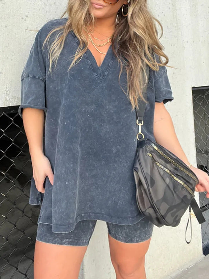 Solid Color Loose V-neck Comfy Set