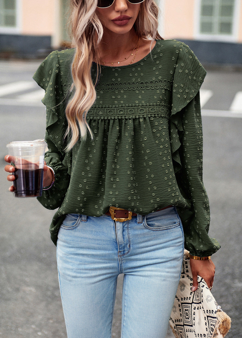 Lace Eyelet Ruffle Shoulder Long Sleeve Blouse