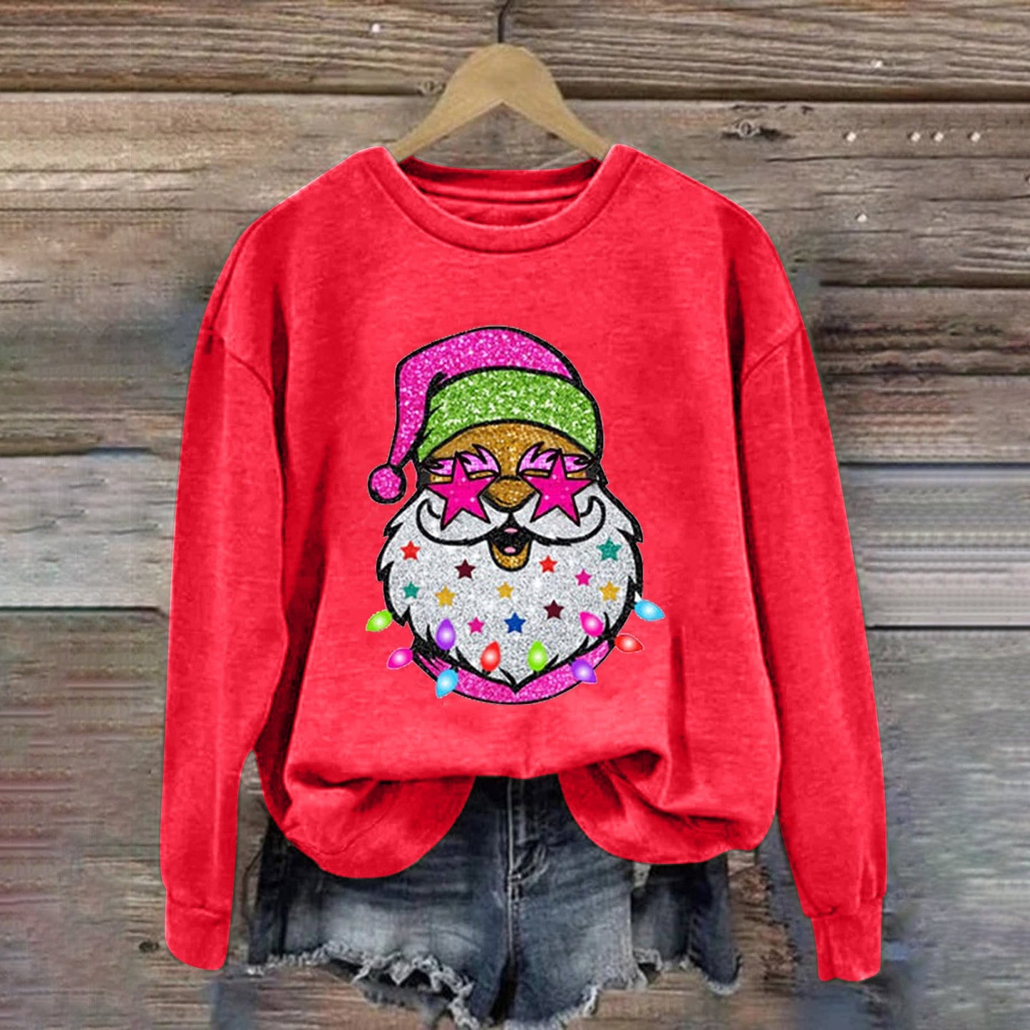 Santa Print Crew Neck Top