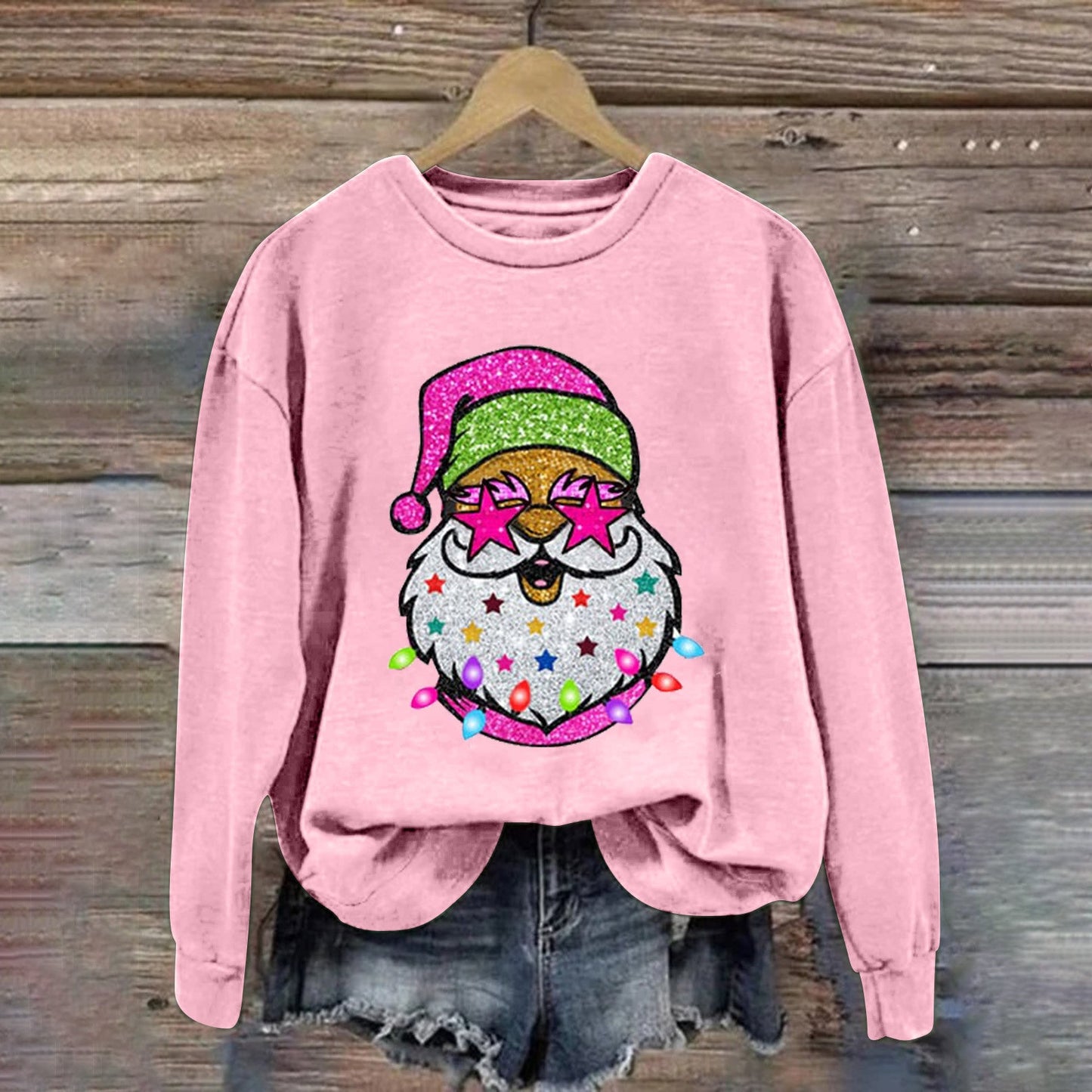 Santa Print Crew Neck Top