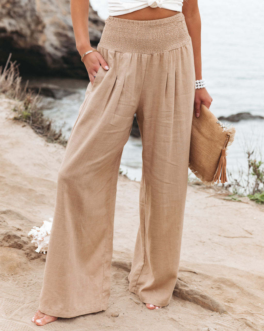 Cotton Linen Tight Waist Wide Leg Pants