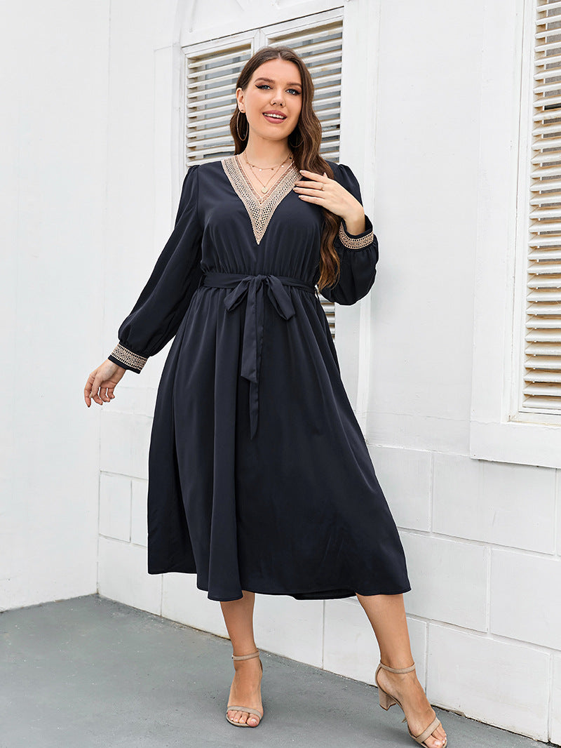 Plus Size V Neck Tie Waist Dress