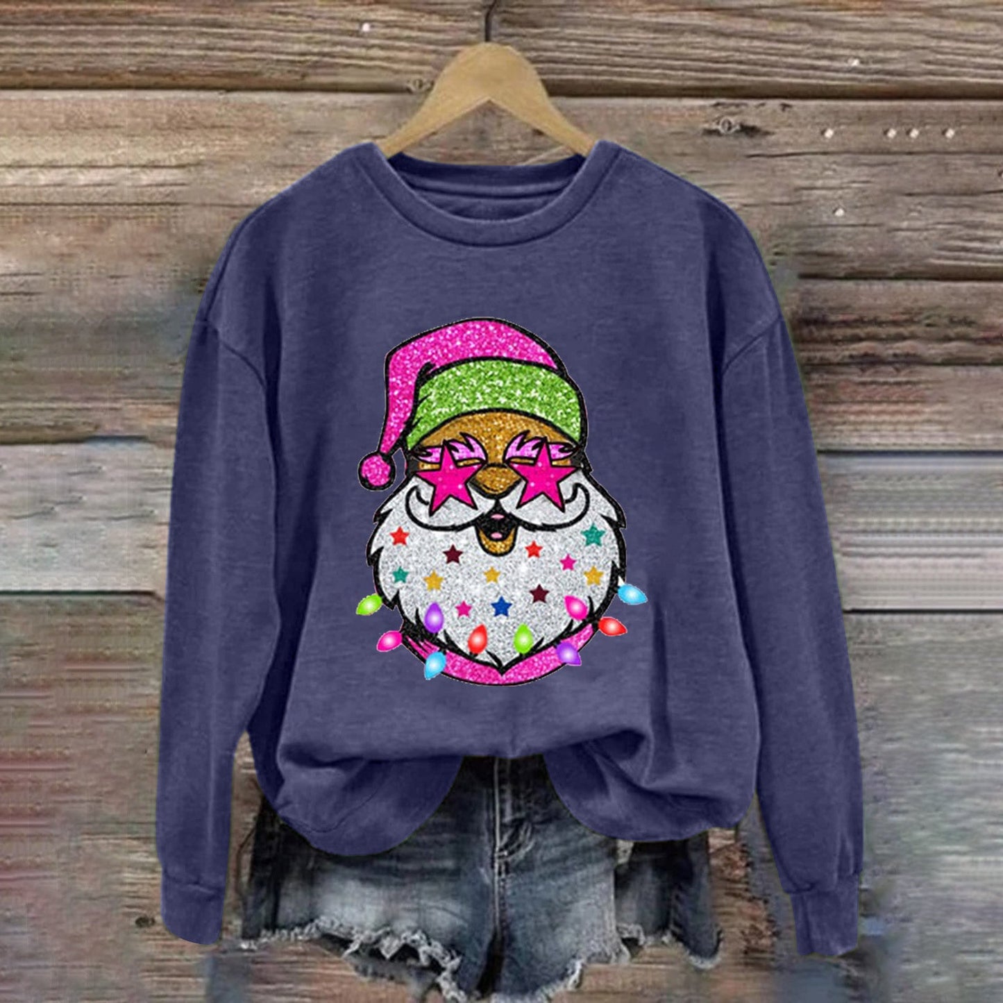 Santa Print Crew Neck Top