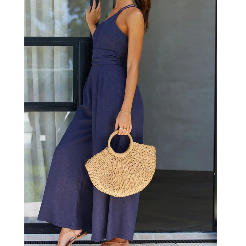 Asymmetric Thin Straps One-shoulder Wide Leg Jumpsuit