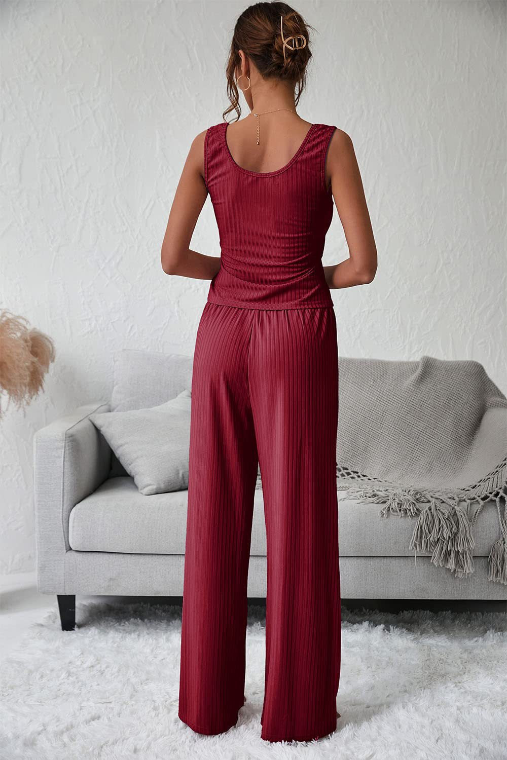 V-neck Solid Color Sleeveless Top + Trousers