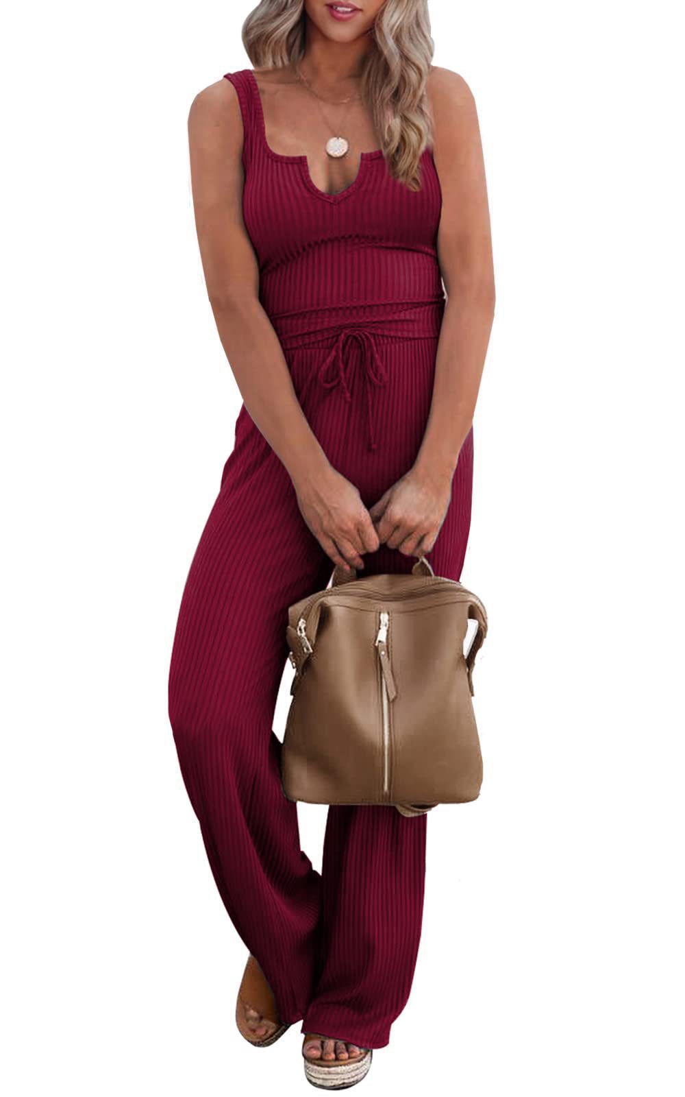 V-neck Solid Color Sleeveless Top + Trousers