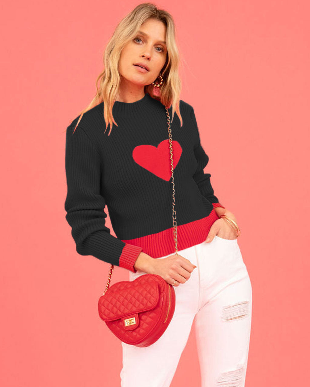 Valentine Heart Turtleneck Knitted Sweater