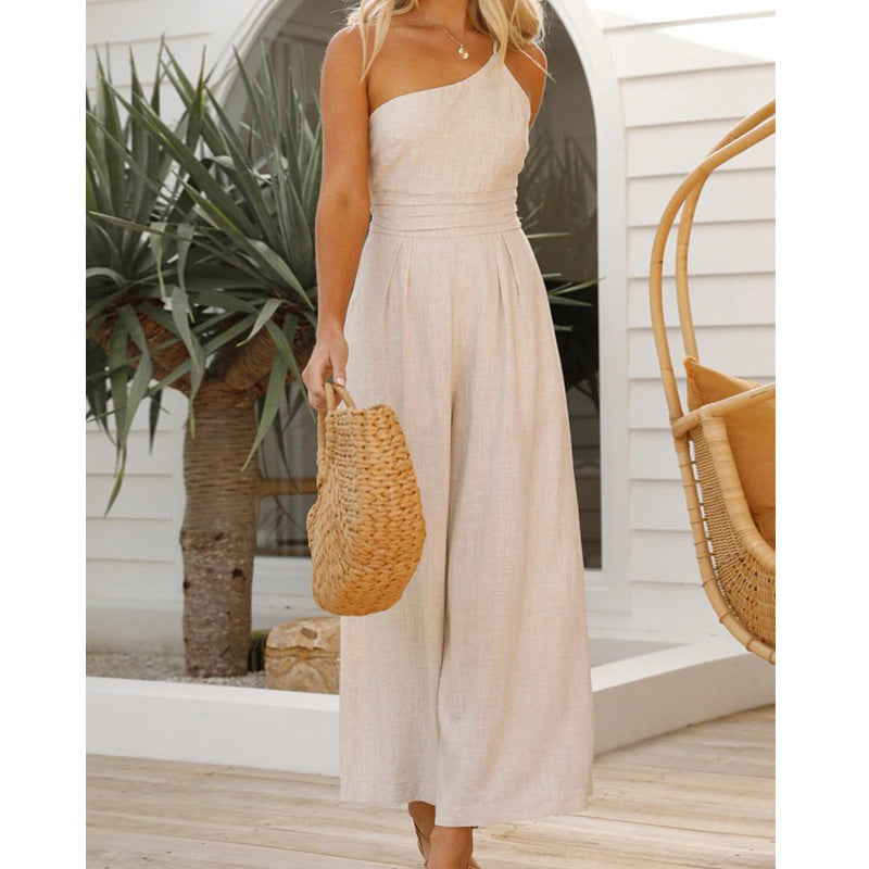 Asymmetric Thin Straps One-shoulder Wide Leg Jumpsuit