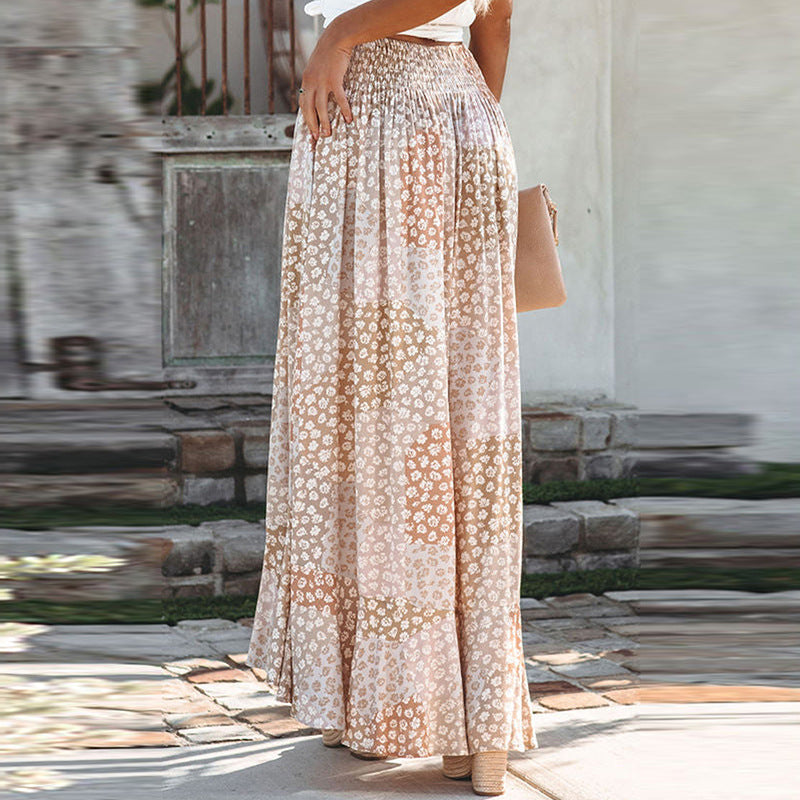 Flower Print Waist Button Slit Maxi Skirt