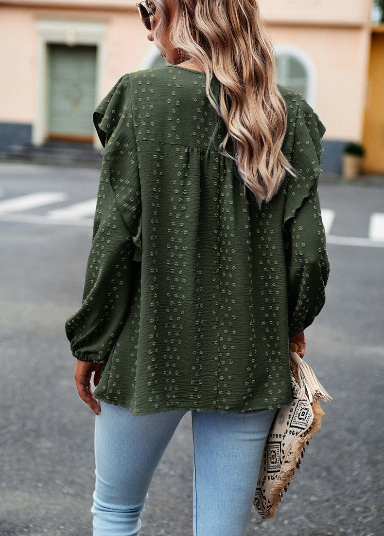 Lace Eyelet Ruffle Shoulder Long Sleeve Blouse