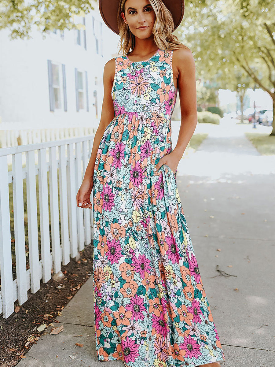 Floral Round Neck Sleeveless Maxi Dress