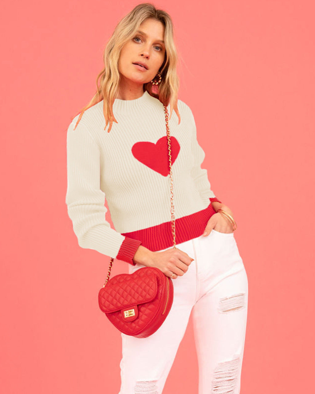 Valentine Heart Turtleneck Knitted Sweater